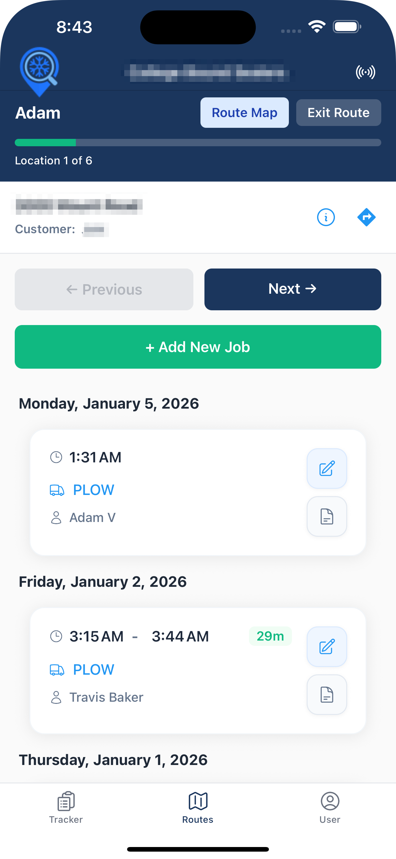 Mobile app showing route list and job completion