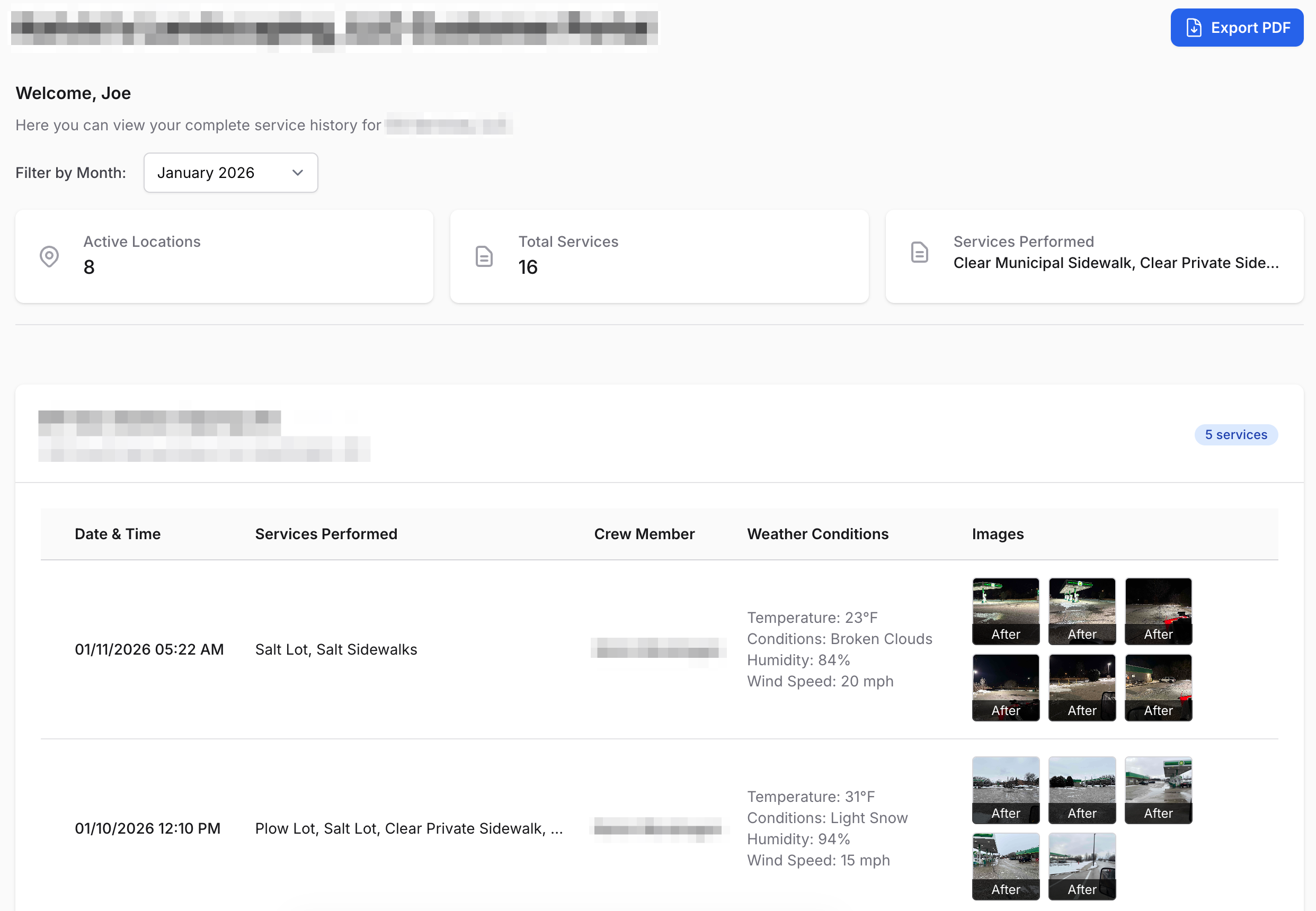 Customer portal showing service history