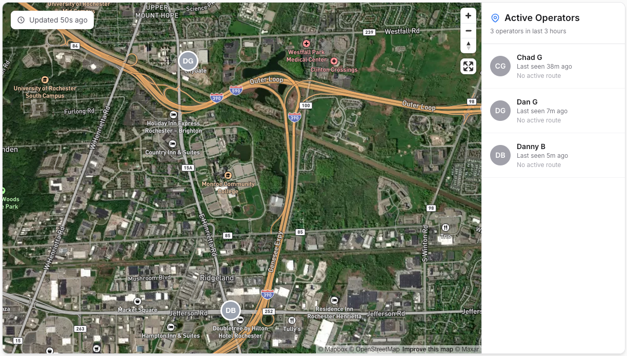 Location map showing active operators on dispatch board
