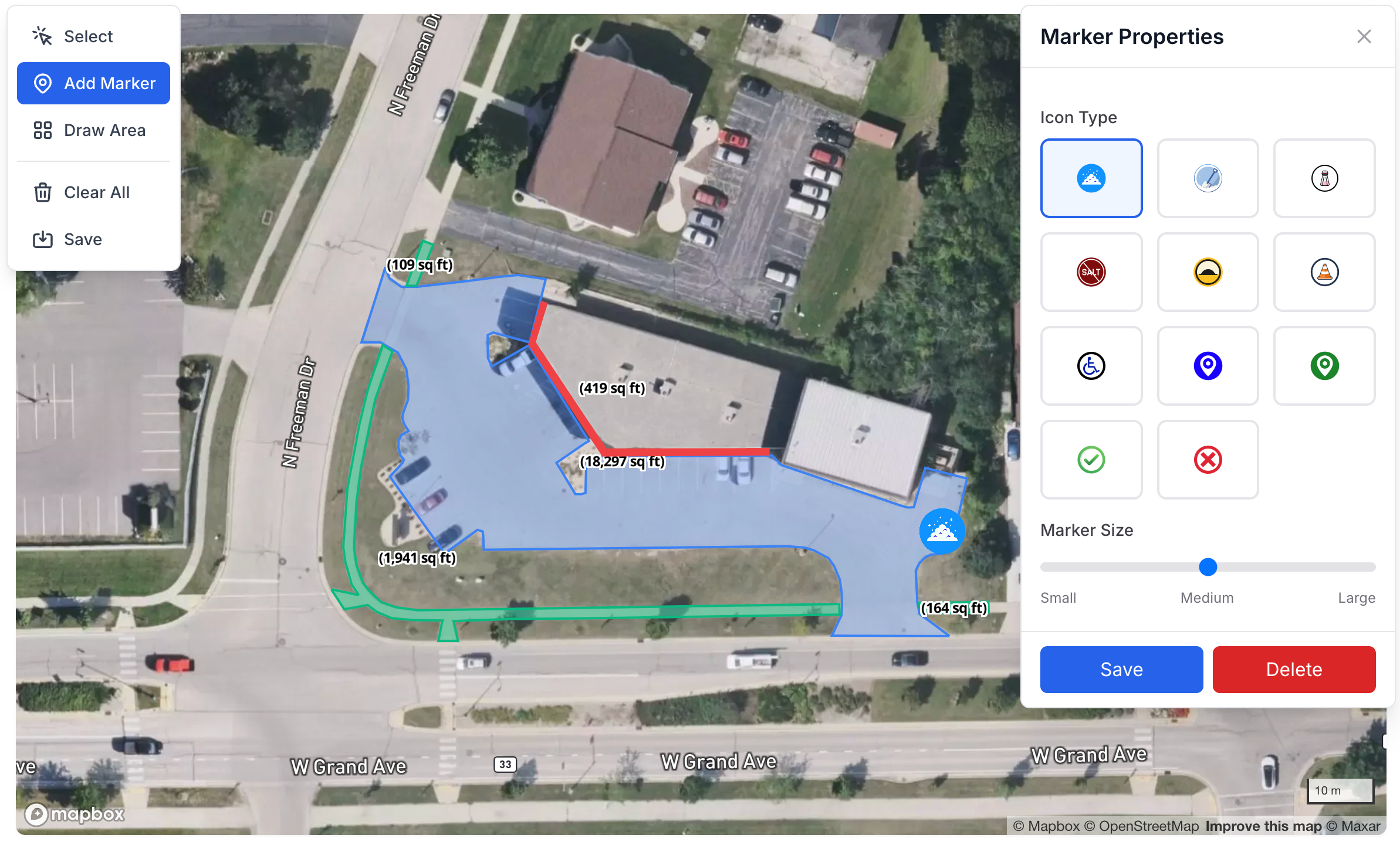 Location map editor showing drawn areas and markers